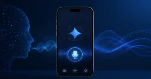 Smartphone displaying Google Gemma powered AI dictation app with voice typing interface and microphone icon