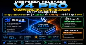 DeepSeek V4 Pro AI मॉडल का OpenAI GPT और Anthropic Claude के साथ तुलना, जिसमें फीचर्स, बेंचमार्क और परफॉर्मेंस दिखाया गया है