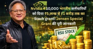 NVIDIA CEO Jensen Huang with stock growth concept showing AI boom and employee wealth creation in India