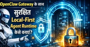 Secure local-first agent runtime using OpenClaw Gateway with AI security shield and futuristic server setup in 2026