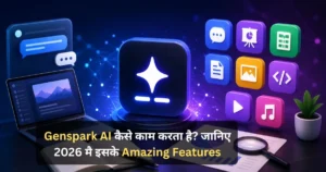 Futuristic AI workspace showing genspark ai tools with laptop dashboard, data analytics charts and digital assistant interface