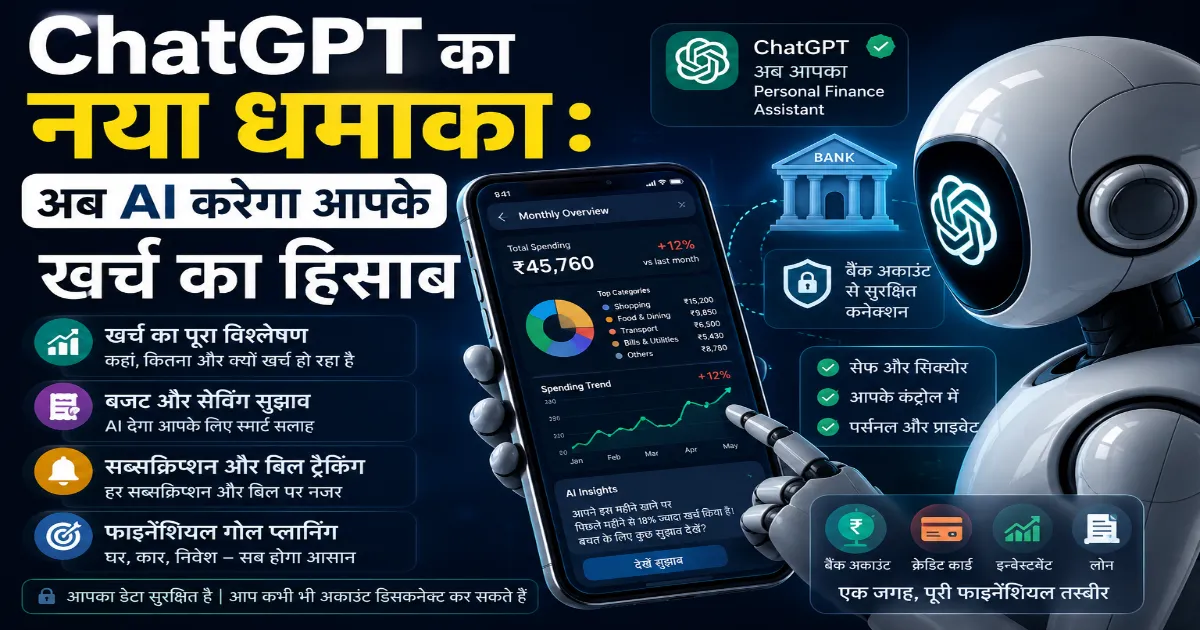 ChatGPT AI बैंक अकाउंट कनेक्शन फीचर से खर्च, ट्रांजैक्शन और फाइनेंशियल प्लानिंग दिखाता हुआ पोस्टर