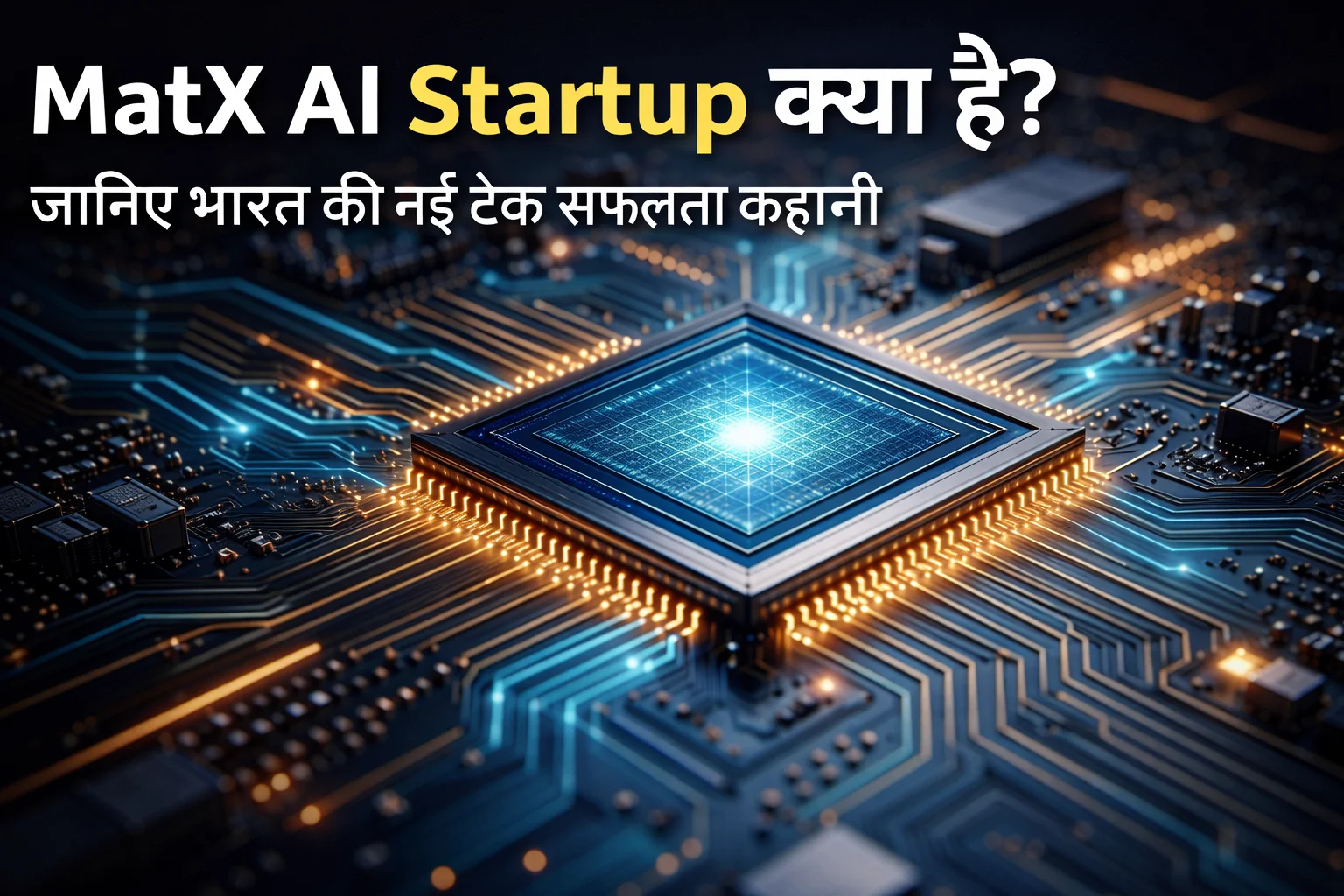 MatX AI Startup क्या है – भारत की नई टेक सफलता कहानी को दर्शाता AI चिप और सर्किट बोर्ड का डिजिटल थंबनेल