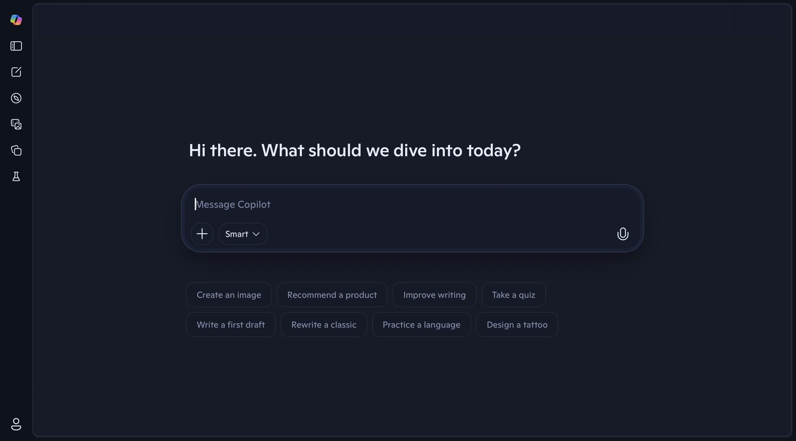 Screenshot of Microsoft Copilot AI chat interface showing message input dashboard with options like create image, improve writing, and take a quiz.