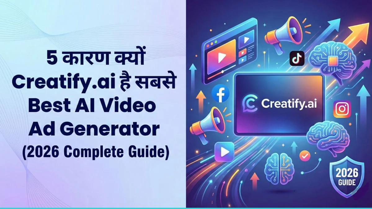 5 reasons why Creatify.ai is the Best AI Video Ad Generator (2026 Complete Guide)", featuring the Creatify.ai logo, social media icons, and AI technology graphics.