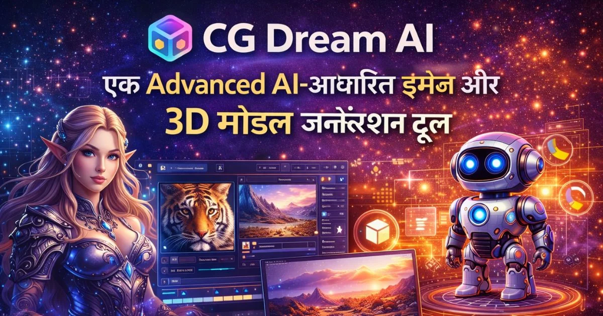 CG Dream AI 3D model and image generator thumbnail showing AI character, robot, and design interface in Hindi