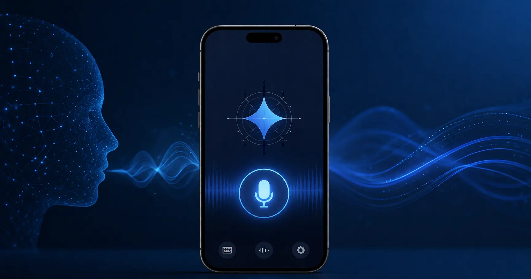 Smartphone displaying Google Gemma powered AI dictation app with voice typing interface and microphone icon