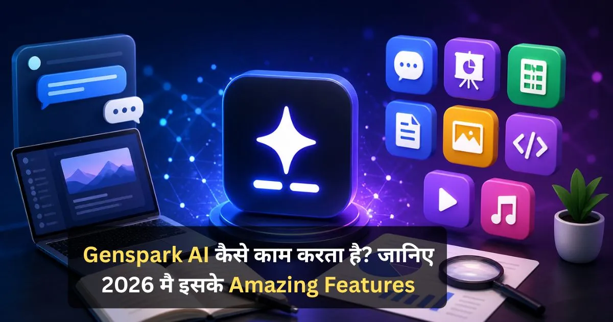 Futuristic AI workspace showing genspark ai tools with laptop dashboard, data analytics charts and digital assistant interface